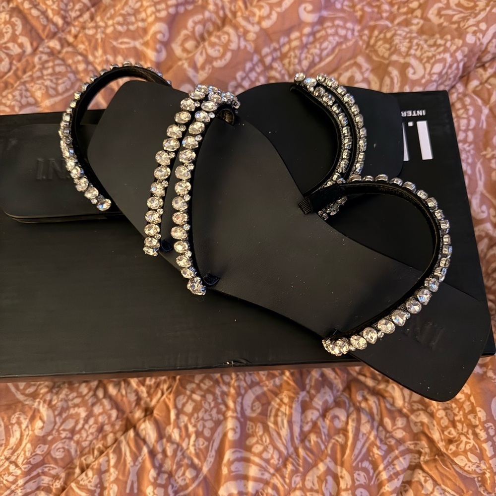 INC International Concepts Black Pomona Sandal with Rhinestone Embellishments